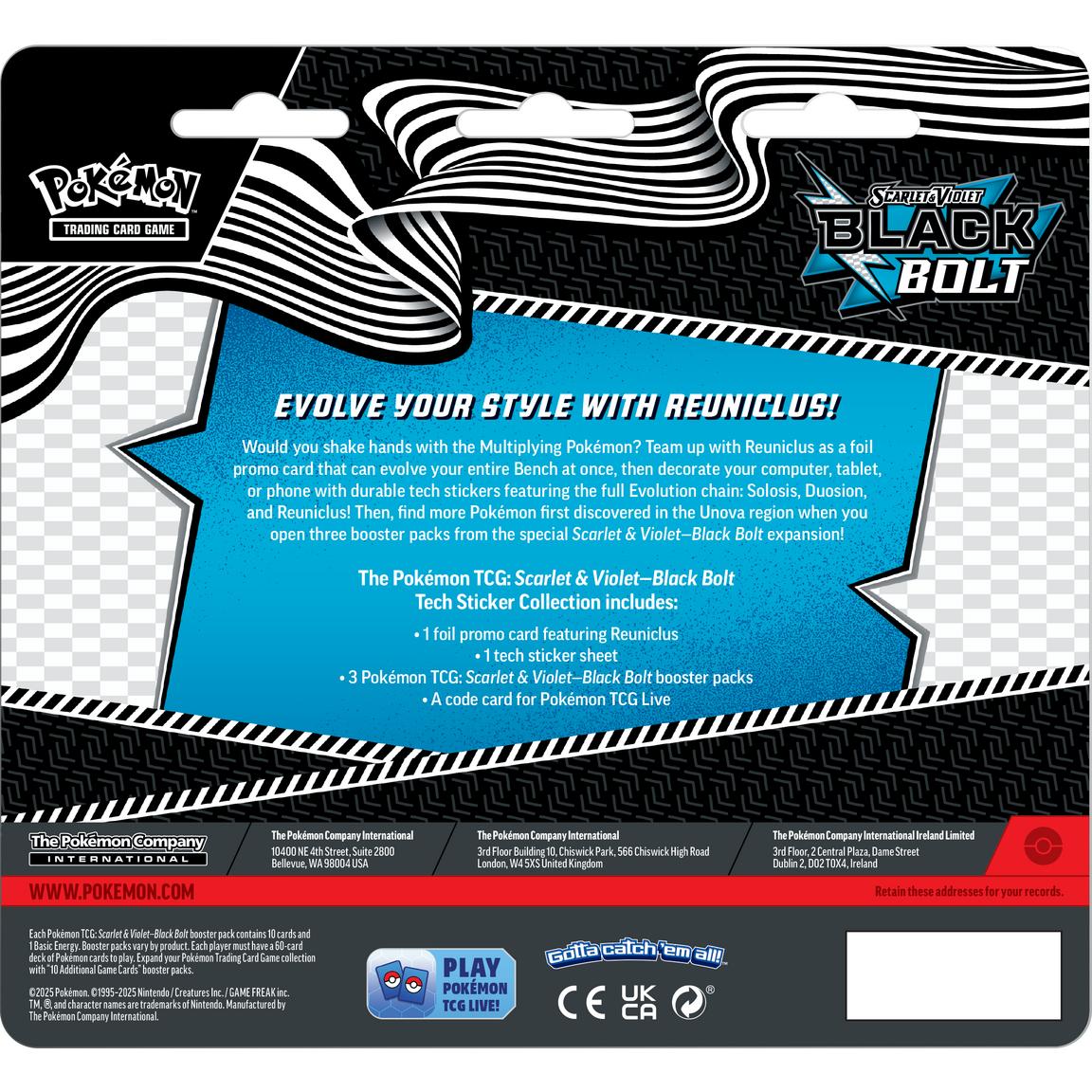 Pokémon TCG: Black Bolt 3-Pack Blister Tech Sticker Collection with Reuniclus Promo Card