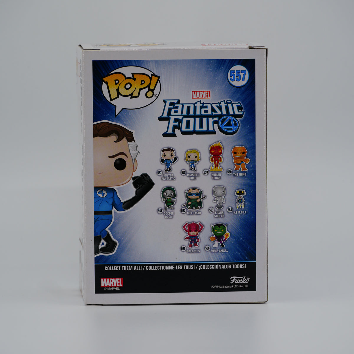 Funko Pop! Mister Fantastic #557 - Fantastic Four - back of the exact boxed item