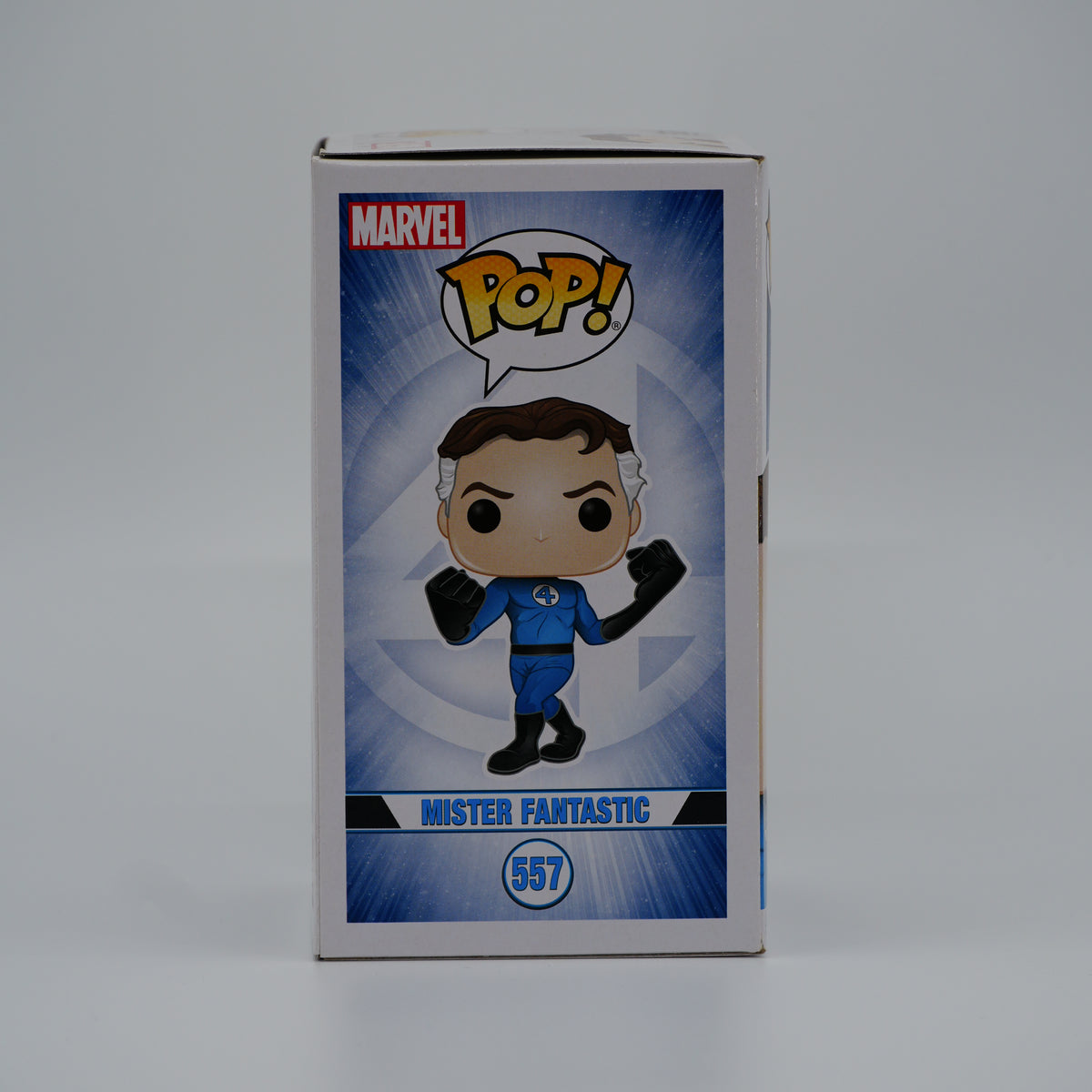 Funko Pop! Mister Fantastic #557 - Fantastic Four - illustrated side of the exact boxed item