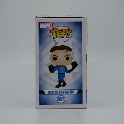 Funko Pop! Mister Fantastic #557 - Fantastic Four - illustrated side of the exact boxed item