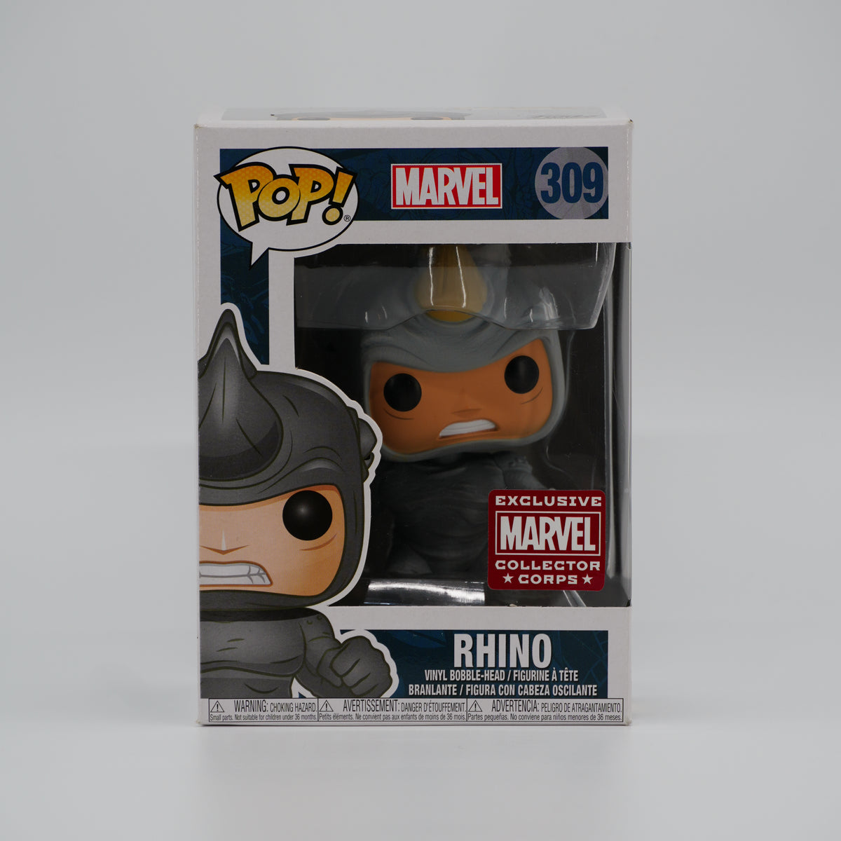 Funko Pop! Rhino #309 - Marvel | Collector Corps exclusive - front of the exact boxed item