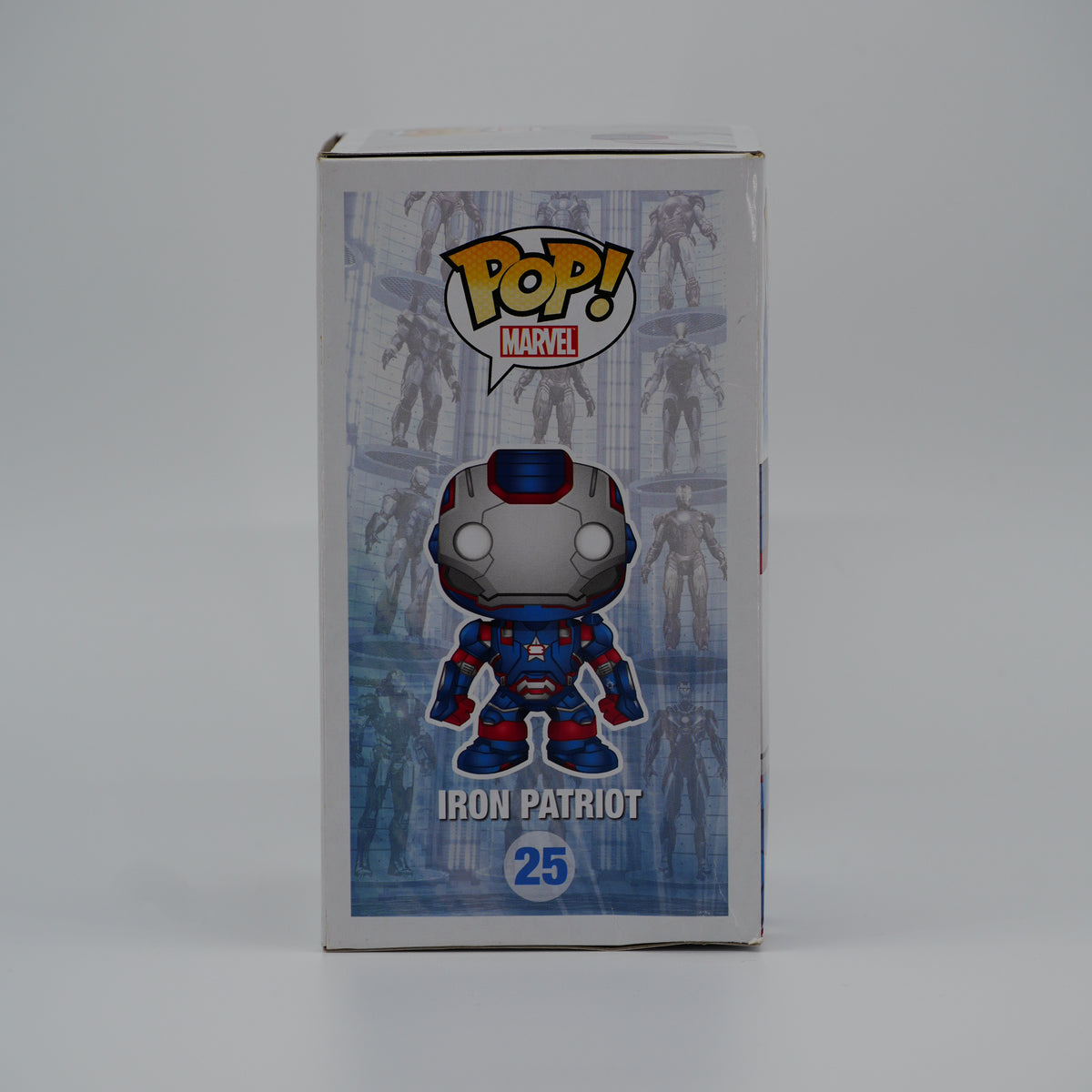 Funko Pop! Iron Patriot #25 - Iron Man 3 - illustrated side of the exact boxed item