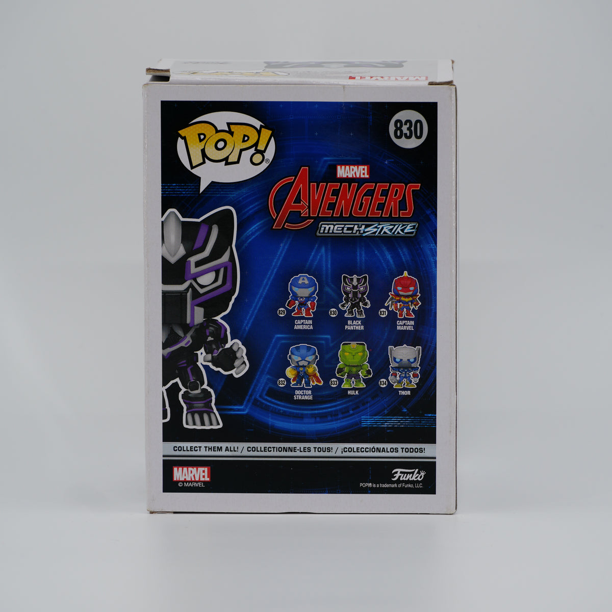 Funko Pop! Black Panther #830 - Avengers: Mech Strike | Target exclusive; Glow in the Dark | Damaged Box - back of the exact boxed item