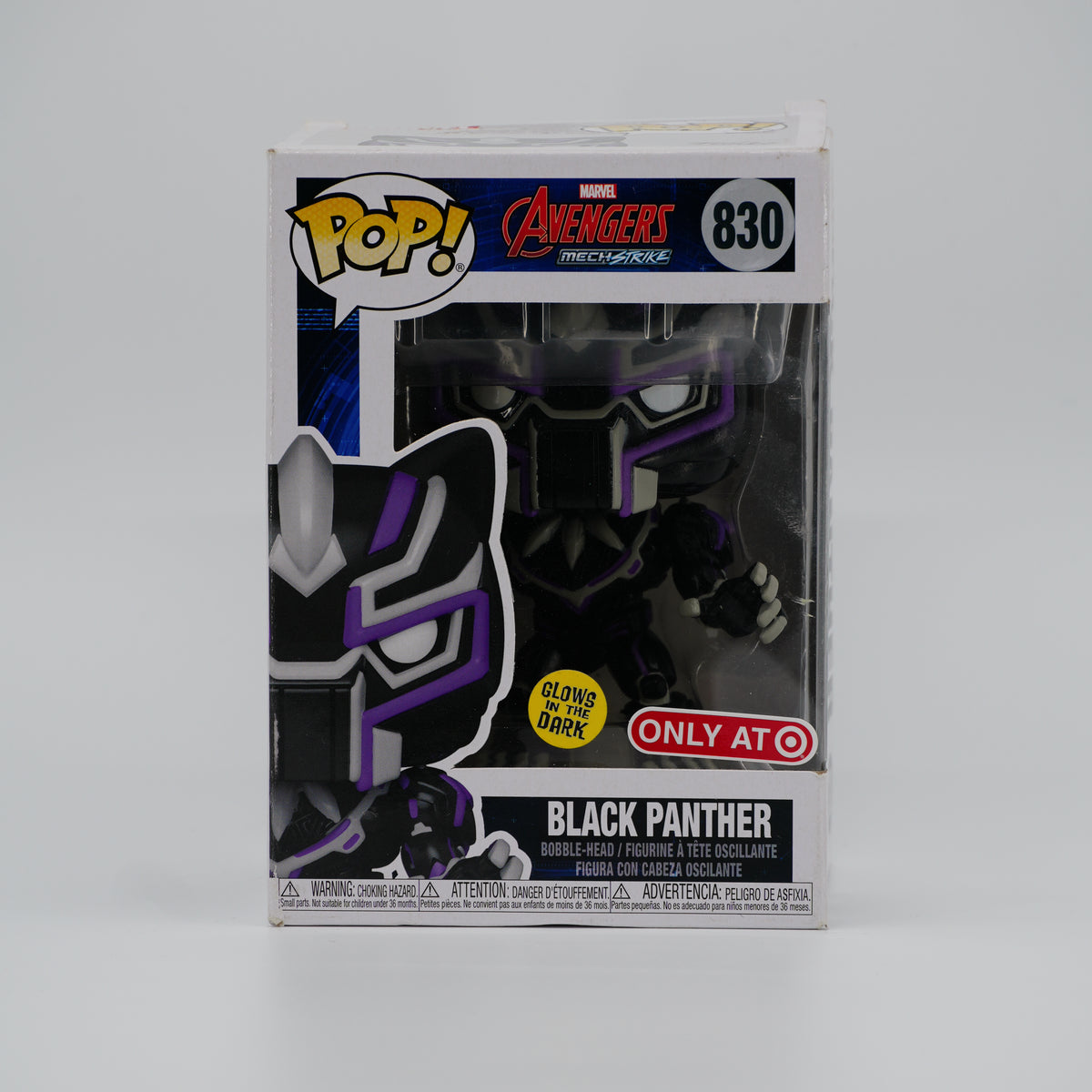 Funko Pop! Black Panther #830 - Avengers: Mech Strike | Target exclusive; Glow in the Dark | Damaged Box - front of the exact boxed item
