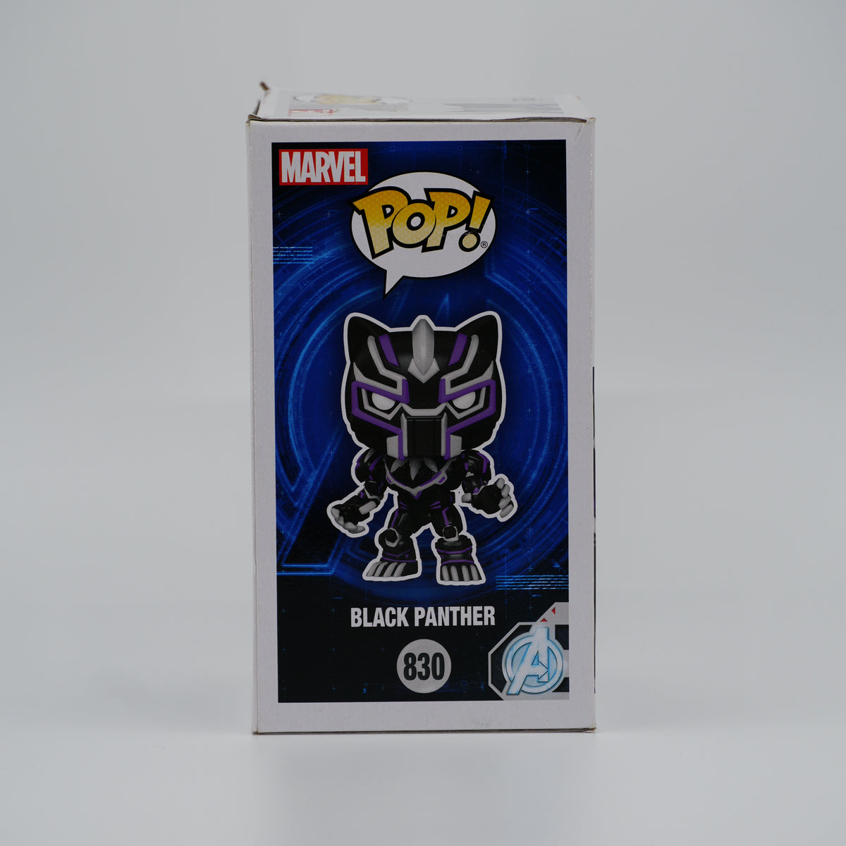 Funko Pop! Black Panther #830 - Avengers: Mech Strike | Target exclusive; Glow in the Dark | Damaged Box - illustrated side of the exact boxed item