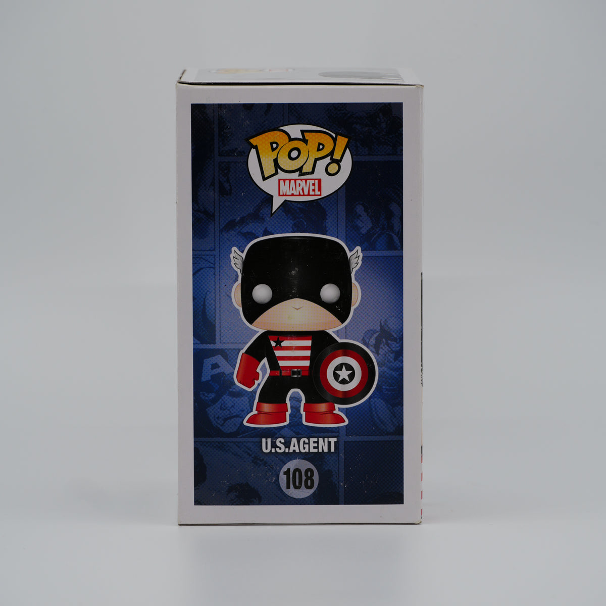 Funko Pop! U.S. Agent #108 - Marvel | Comikaze exclusive - illustrated side of the exact boxed item