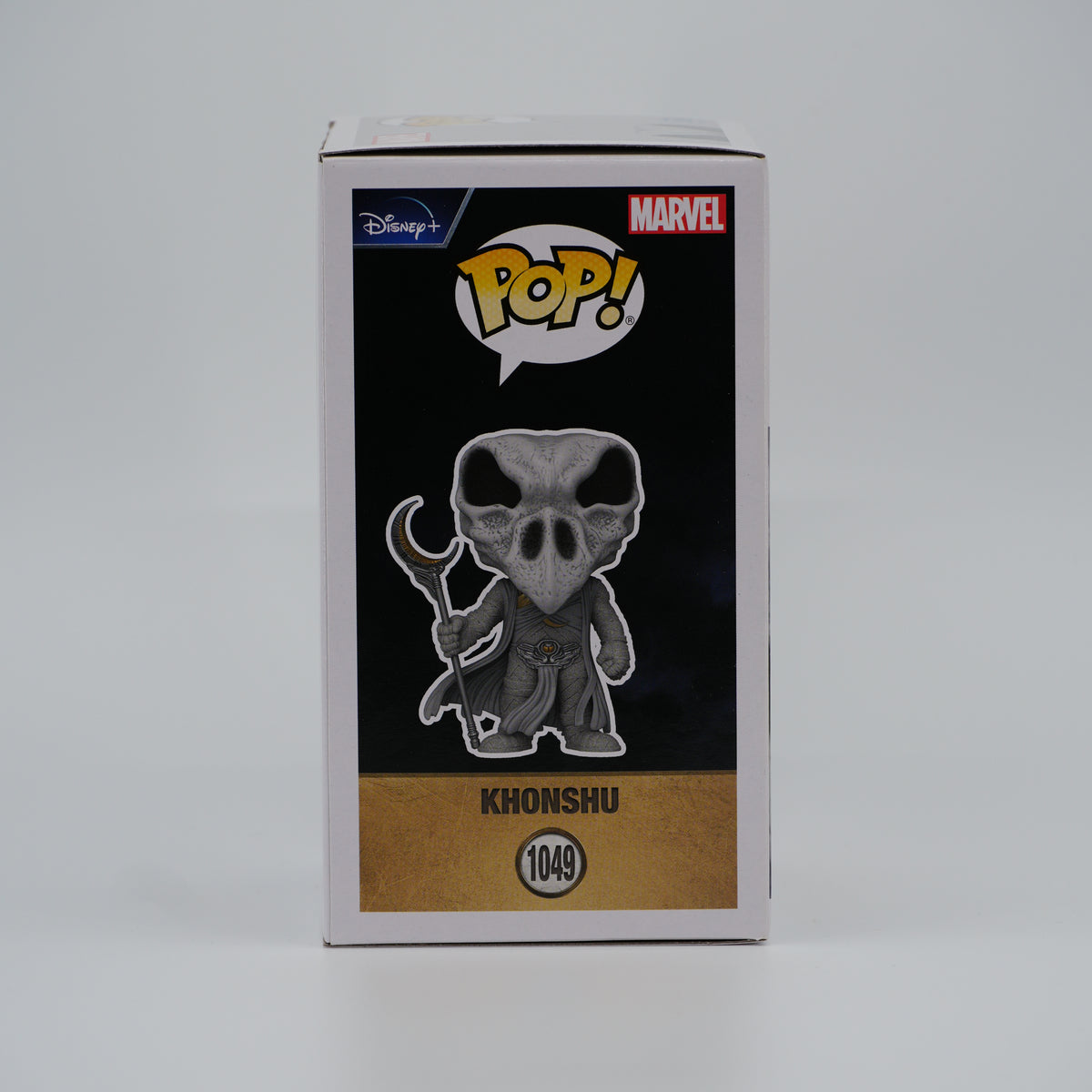 Funko Pop! Khonshu #1049 - Moon Knight - illustrated side of the exact boxed item