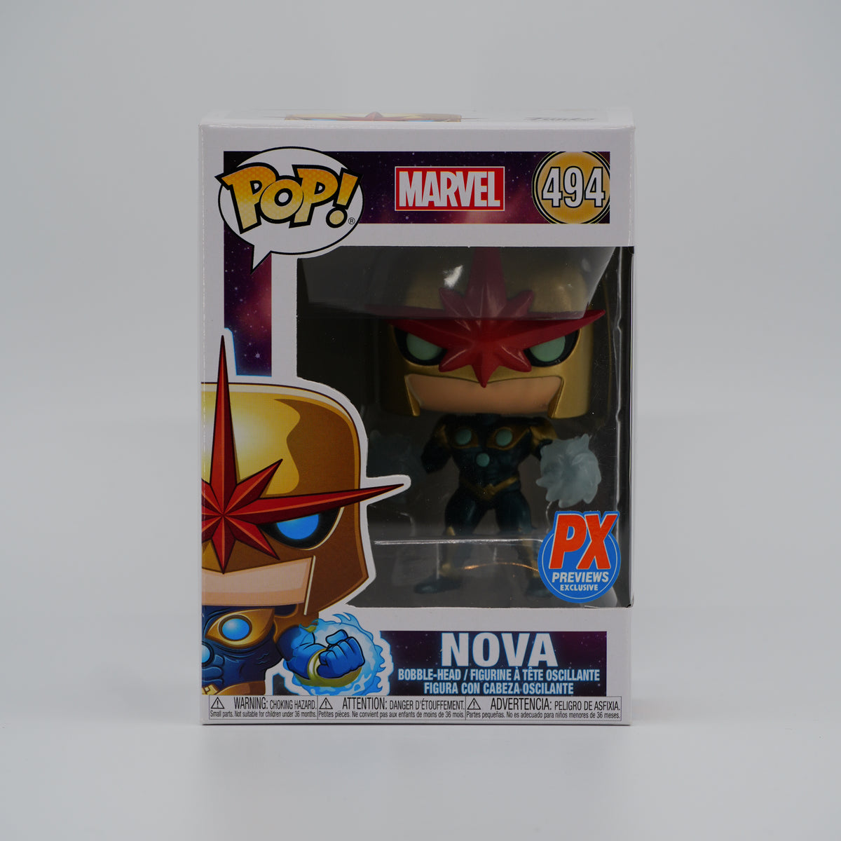 Funko Pop! Nova #494 - Marvel | PX Previews exclusive - front of the exact boxed item