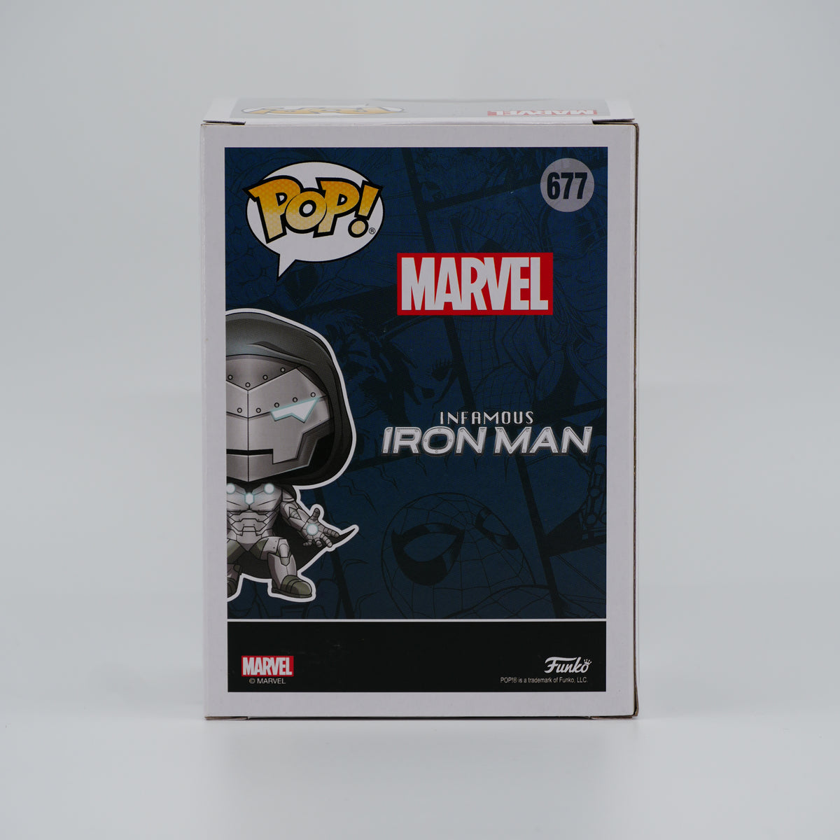 Funko Pop! Infamous Iron Man #677 - Marvel | 2020 Halloween ComicFest; PX; Glow in the Dark - back of the exact boxed item