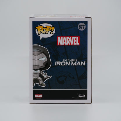Funko Pop! Infamous Iron Man #677 - Marvel | 2020 Halloween ComicFest; PX; Glow in the Dark - back of the exact boxed item