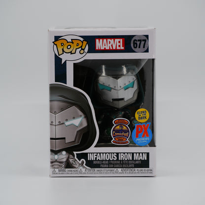 Funko Pop! Infamous Iron Man #677 - Marvel | 2020 Halloween ComicFest; PX; Glow in the Dark - front of the exact boxed item