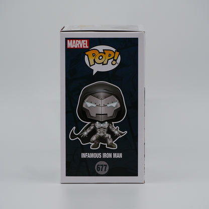 Funko Pop! Infamous Iron Man #677 - Marvel | 2020 Halloween ComicFest; PX; Glow in the Dark - illustrated side of the exact boxed item