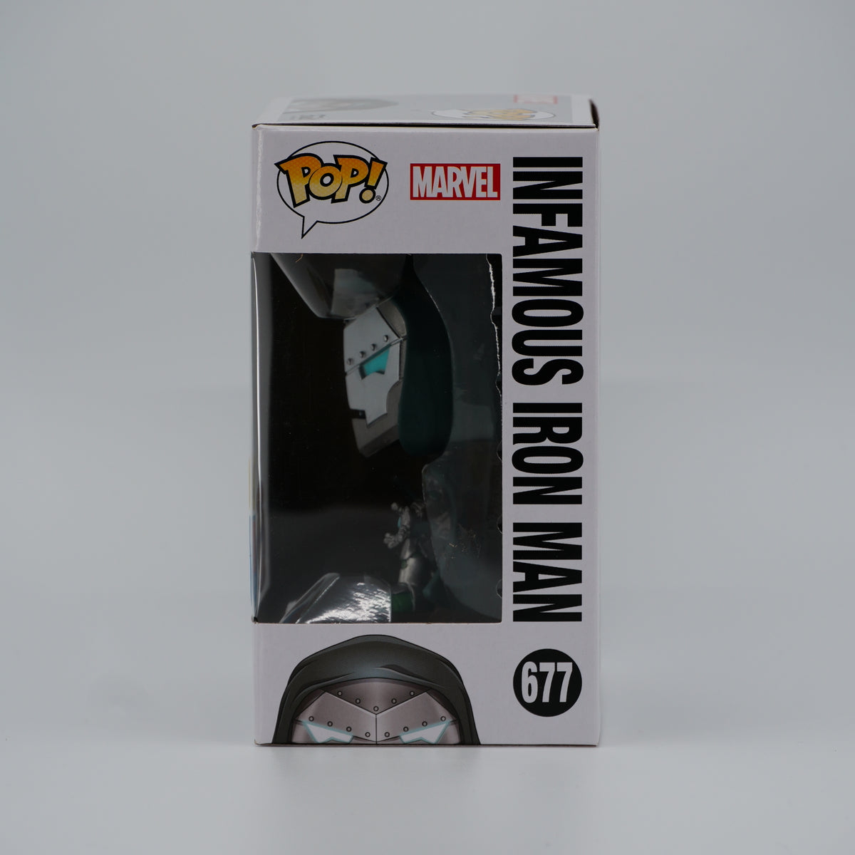Funko Pop! Infamous Iron Man #677 - Marvel | 2020 Halloween ComicFest; PX; Glow in the Dark - window side of the exact boxed item