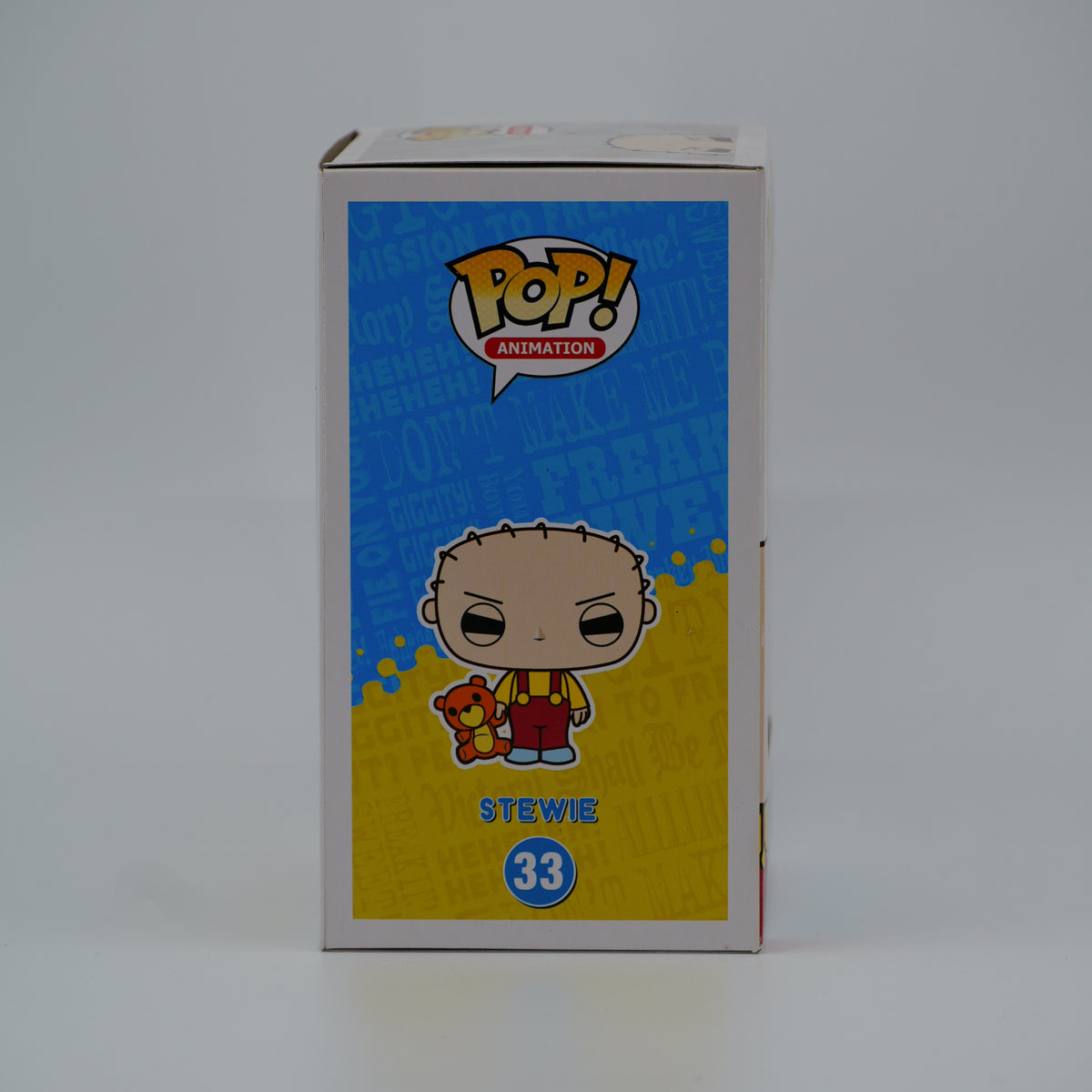 Funko Pop! Stewie #33 - Family Guy - illustrated side of the exact boxed item